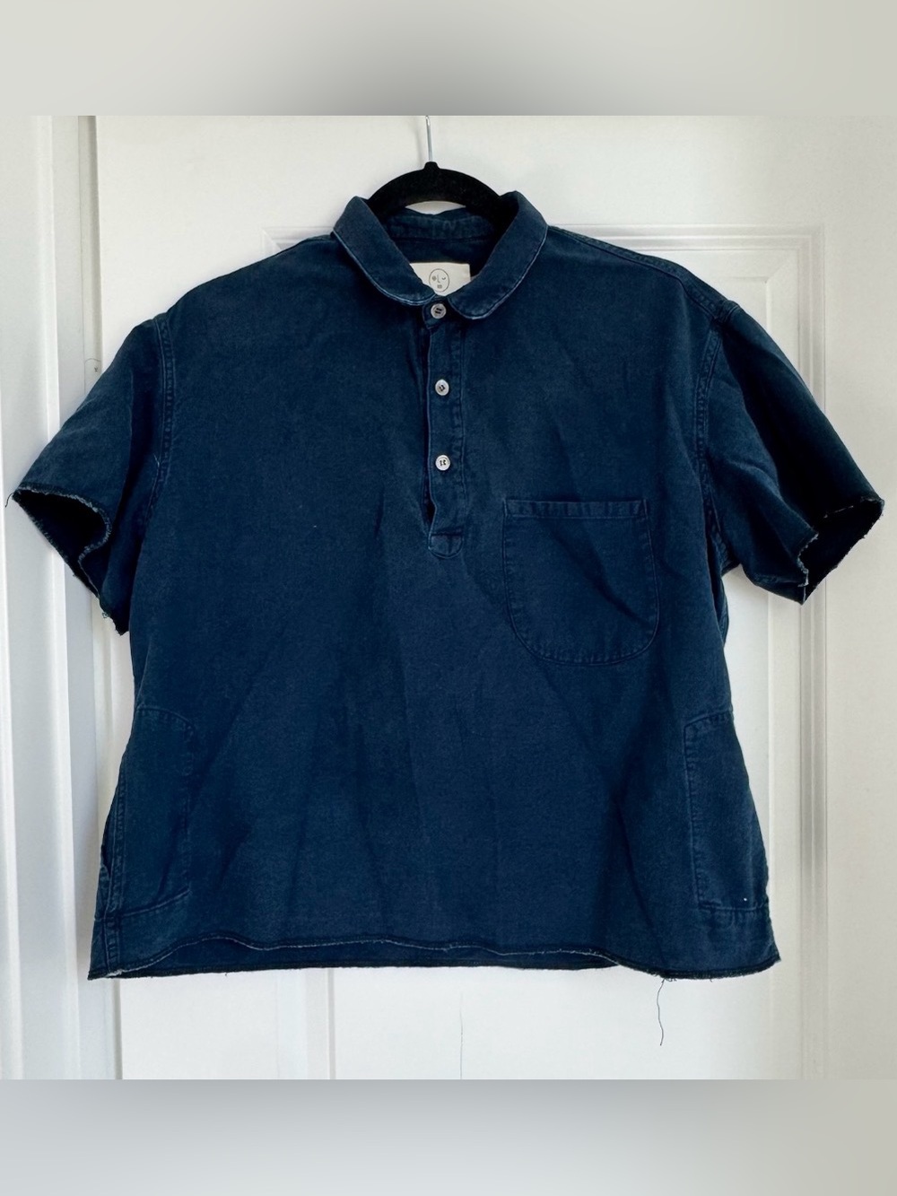 Older Brother Women’s Navy Blue Collared Short Sleeve Top Pockets Raw Edges S